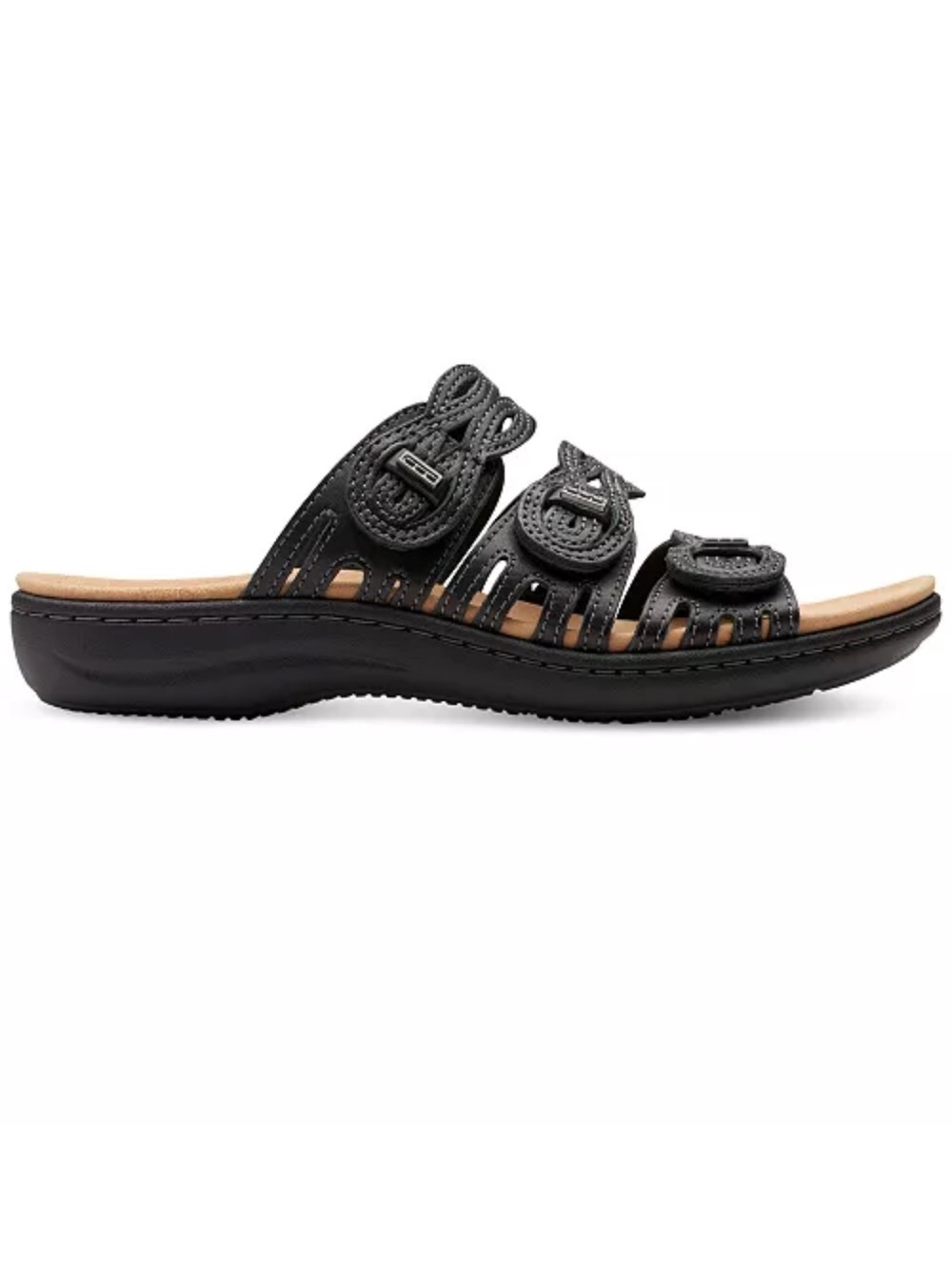 Clarks Laurieann Black Leather Woven Triple-Strap Slide Sandals Size 7 - Picture 4 of 8